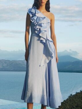 NWT Aje Adelia Ruffle Midi Dress in Light Sky Blue | Size 12
